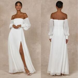 NWT Lulus Large Feel The Romance Off The Shoulder Maxi Dress White Beach Wedding
